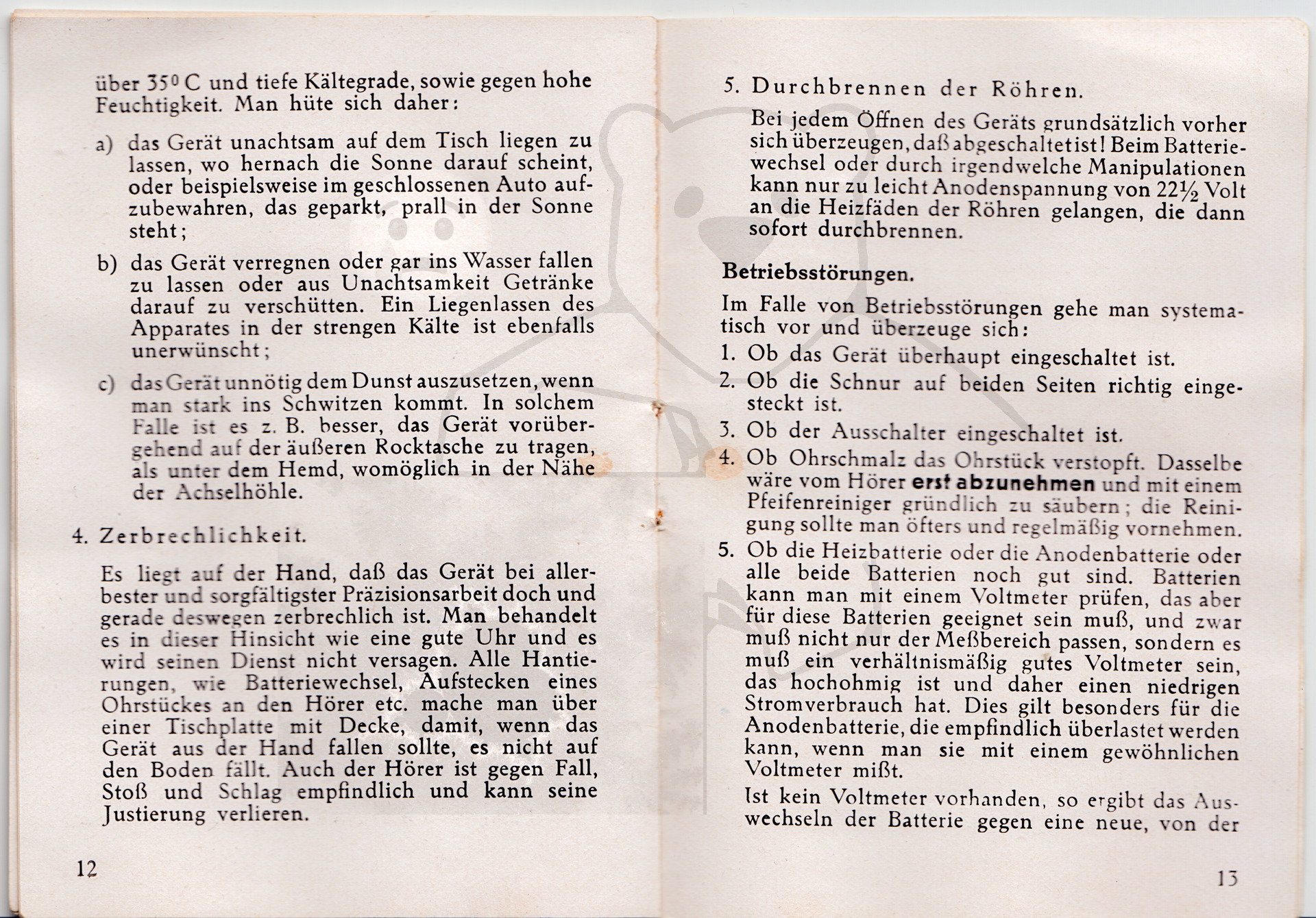 Hörgerät "Fortiphone Type 20", ca. 1949, Anleitung Seite 12 - 13